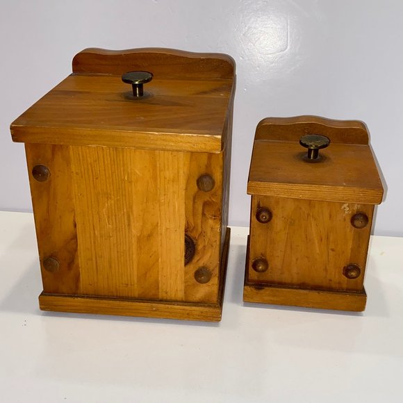 2 Vintage Handmade Wooden Kitchen Canisters Rustic Farmhouse Boho Decor - Picture 10 of 10
